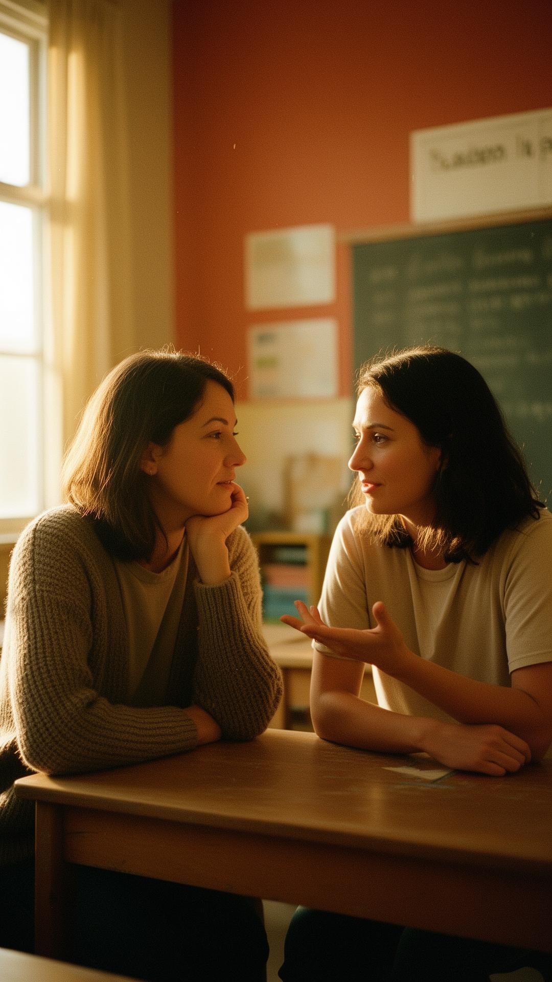 Twee collega's in gesprek op school
